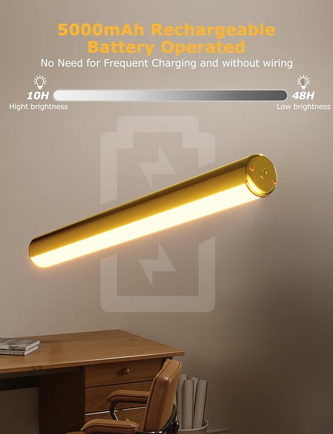 13" Aluminum Wireless Picture Lights for Wall, 5000mAh Rechargeable Battery Operated Wall Art Lighting, Dimmable 3-Color Gallery Painting Light for Pictures On Wall, with Remote/Timer [Gold, 2Pack]