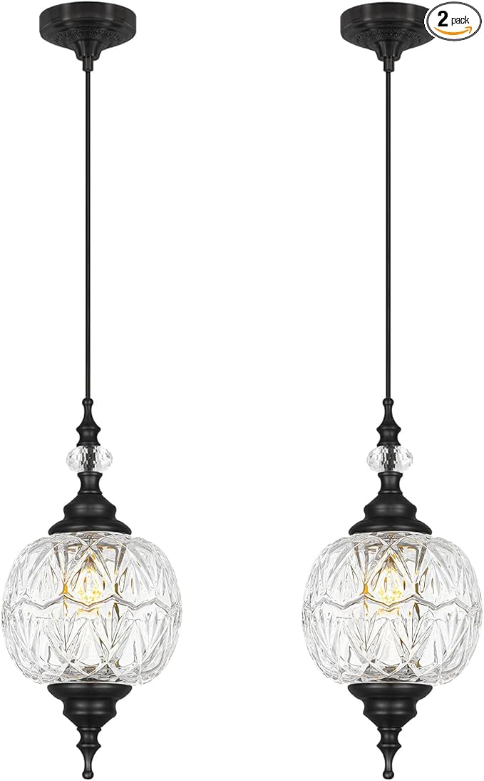 Pendant Lights Kitchen Island 2 Pack, Black Vintage Pendant Light with Detachable Glass Shade, Adjustable Hanging Light for Kitchen Island Lighting, Bathroom, Farmhouse, G9 Base (Bulbs Not Included)