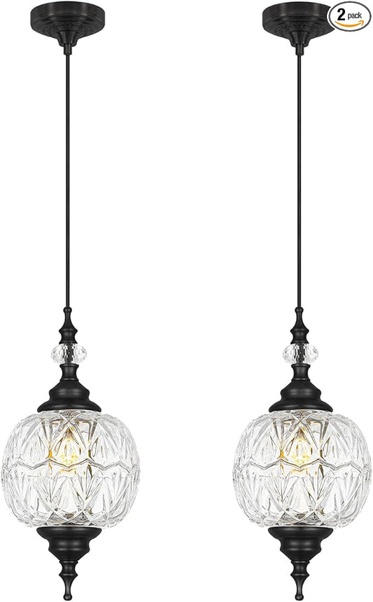 Pendant Lights Kitchen Island 2 Pack, Black Vintage Pendant Light with Detachable Glass Shade, Adjustable Hanging Light for Kitchen Island Lighting, Bathroom, Farmhouse, G9 Base (Bulbs Not Included)