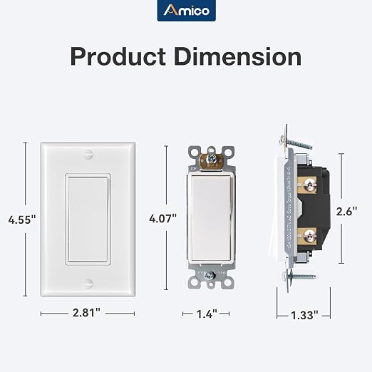 Amico 1 Pack Single Pole Light Switch with Wall Plate, UL Listed, 15A 120/277V, On/Off Rocker Paddle Interrupter Wall Switch, Grounding Screw, Residential Grade, Suitable for Home and Business, White