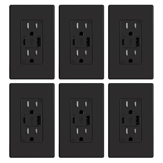 ELEGRP USB Charger Wall Outlet, USB Receptacle with Type A & Type C USB Ports, 15 Amp Duplex Tamper Resistant Receptacle Plug NEMA 5-15R, Wall Plate Included, UL Listed (6 Pack, Matte Black)