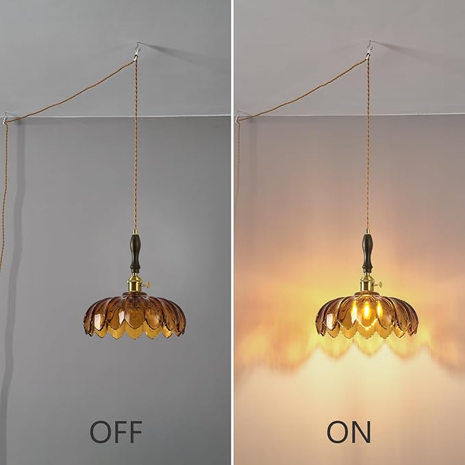 Modern Tawny Plug in Glass Pendant Light Retro Flower Glass Hanging Lamp Gold Brass Decorative Adjustable Ceiling Hanging Light Suitable for Kitchen Island Bedroom Dining Room Living Room