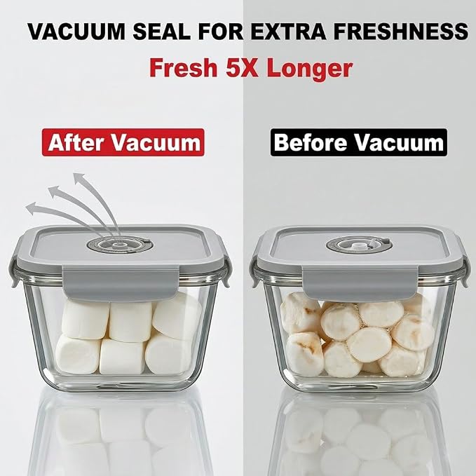 3-Piece Rectangle Glass Vacuum Food Storage Containers Set with Hand Pump & 10 Sealer Bags, Borosilicate Airtight Meal Prep Lids with Date Tracker, Leakproof, Freezer & Microwave Safe [21/35/50 Oz]