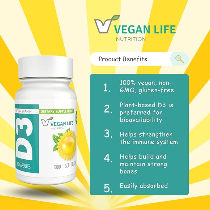 Vegan Life Nutrition - ビタミンD3カプセル（大人用、1000IU） - グルテンフリー、非遺伝子組み換え、骨の健康と免疫システムをサポート - 60カプセル
