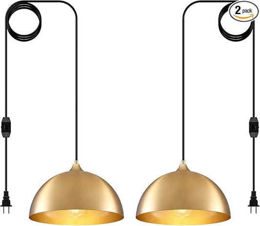 Plug in Hanging Light 2 Packs 11.8inch, Gold Hang Lamp Plug in, Farmhouse Pendant Light, Pendant Lights Kitchen Island, Hanging Lights with Plug in Cord 14.ft