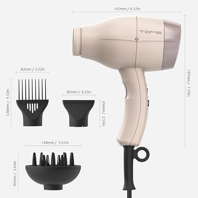 TOME Hair Dryer with Diffuser, 1875W Ionic Blow Dryer with Comb Attachment and Concentrator for Home Use, Fast Drying with Cool Shot and 2 Heat & 2 Speed Settings, 125V, Pink