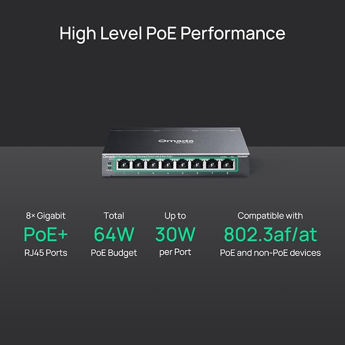 TP-Link Omada 8 Port Gigabit Easy Managed, PoE Switch, 65W Budget, PoE+ Compliant, Up to 250m PoE Distance, Auto Recovery, VLAN, Auto Loop Prevention, Fanless, Managed by Omada(ES208GP)