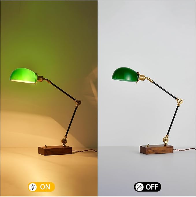Bankers Lamp, Adjustable Traditional Green Desk Lamp with Solid Ash Wood Base, Green Glass Antique Library Lamp with Power Cord Switch, Plug in Vintage Bankers Table Lamp for Office 【E26 Socket】