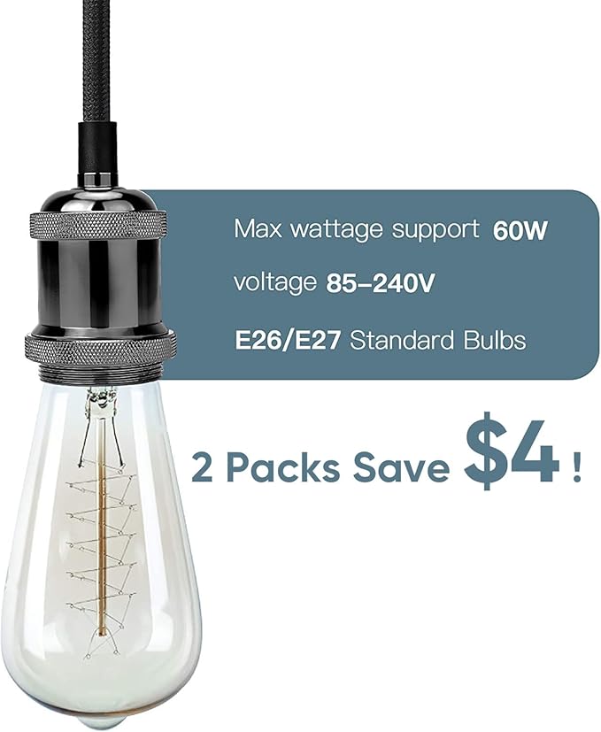 JACKYLED 2 Pack Mini Pendant Light Kit UL Vintage Socket E26 E27 Lampholder Black Woven Fabric Pendant Light Cord Adjustable Canopy Kit