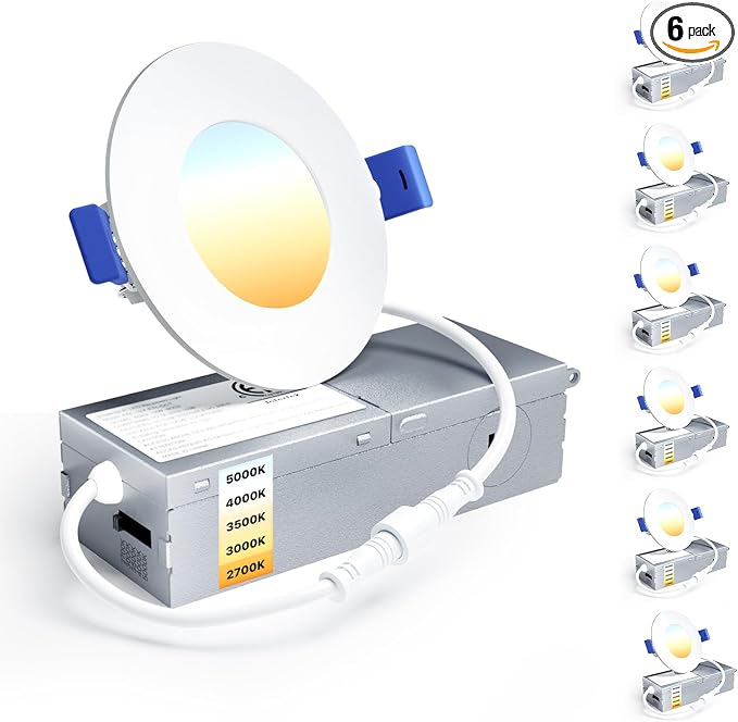 Ensenior 6 Pack 3 Inch LED Recessed Light, Dimmable, 2700K-5000K 5CCT, 500LM High Brightness, 6W 120V, Damp Rated, Ultra-Thin Canless Wafer Light - ETL & FCC & IC