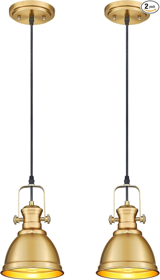 2 Pack Pendant Lights Kitchen Island, Farmhouse Hanging Lights Fixtures with Metal Shade, Rustic Kitchen Pendant Lighting Over Island for Dining Room, Brushed Gold, AD-2151-1P2-GD