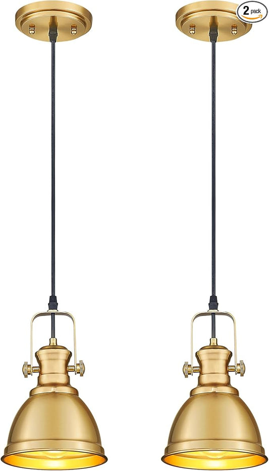2 Pack Pendant Lights Kitchen Island, Farmhouse Hanging Lights Fixtures with Metal Shade, Rustic Kitchen Pendant Lighting Over Island for Dining Room, Brushed Gold, AD-2151-1P2-GD