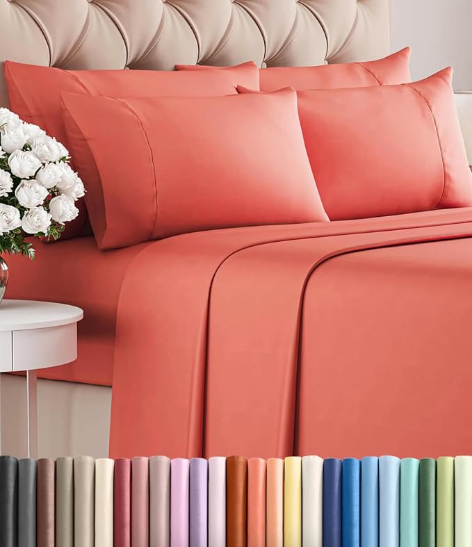 King 6 Piece Sheet Set - Comfy Breathable & Cooling - Ultra Soft Hotel Luxury Bedding Set with 8-16 Inch Deep Pockets - 1 Flat & 1 Fitted Sheet & 4 Pillowcases - Cozy, Wrinkle Free & Easy Care - Coral