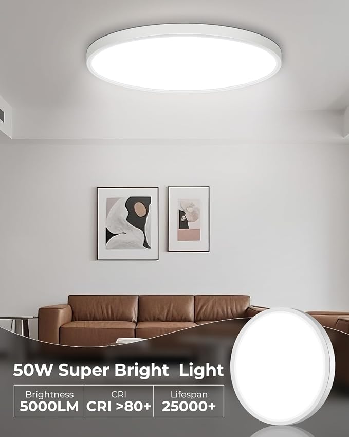 hepside 23INCH Big Dimmable Flush Mount Ceiling Light Fixture White, 3000/4000/6500K Ceiling Lamp, 50W 5000LM Super Bright Low Profile Light for Bedroom, Kitchen, Bathroom, Hallway