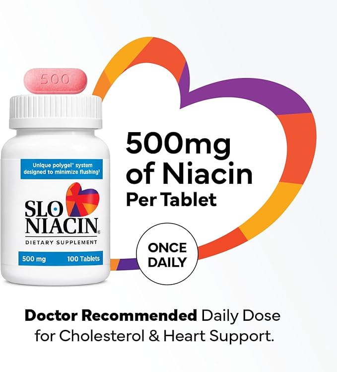 Slo-Niacin Slow Release Niacin 500mg – Vitamin B3 Supplement for Heart Wellness – Flush-Free B3 Vitamins for Cholesterol & Cardiovascular Support – 100 Tablets