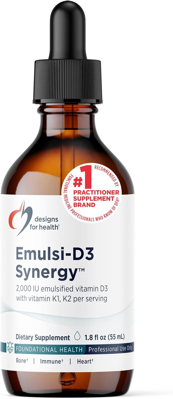 Designs for Health Emulsi-D3 Synergy 2000 IU Vitamin D Liquid with Vitamin K - Emulsified Liquid D3 K2 Drops for Immune System Support & Bone Health - Gluten-Free + Non-GMO (55 Servings / 1.8oz)