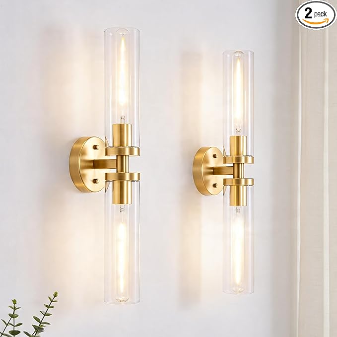 Wall Sconces 2-Pack, Hardwired Bathroom Light Fixtures, Modern Farmhouse Vanity Wall Lighting with Clear Glass Shades, E26 Base Wall Sconce Wall Lights for Bathroom Wall Decor, Gold