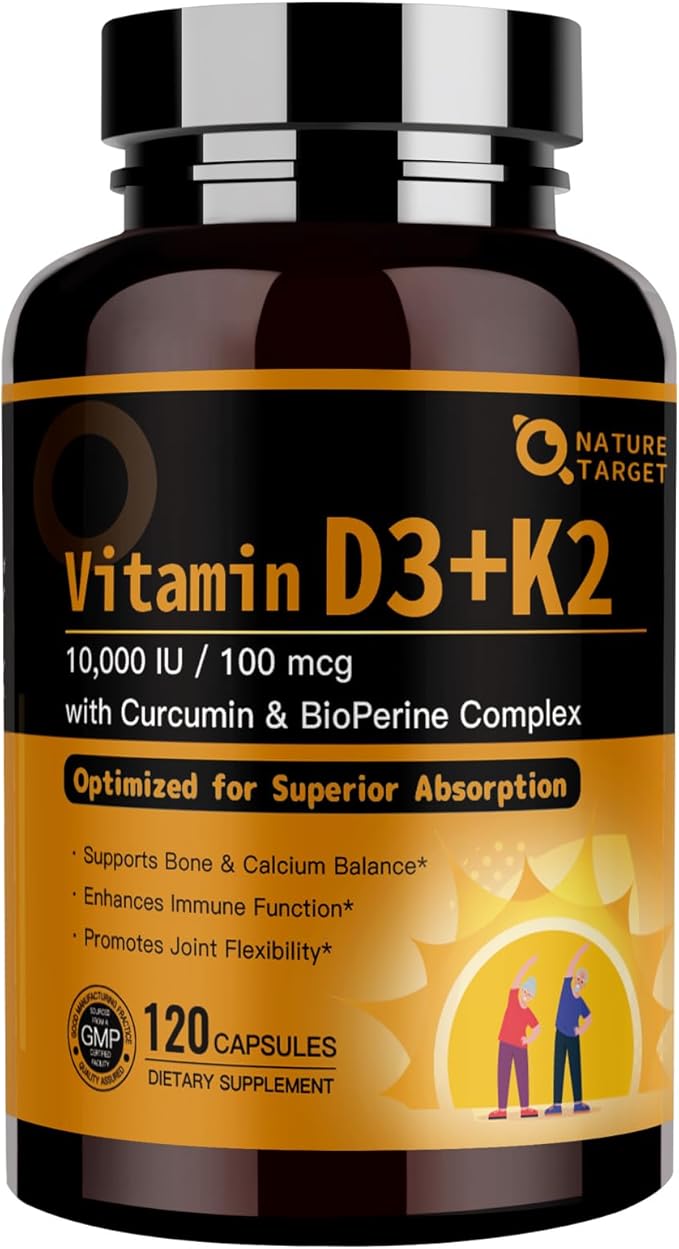 NATURE TARGET ビタミンD3 K2、高効能 10,000 IU D3、100 mcg K2(MK-7) サプリメント MCT配合、最高吸収シナジーフォーミュラ、骨、カルシウム、免疫の健康をサポート、120カプセル