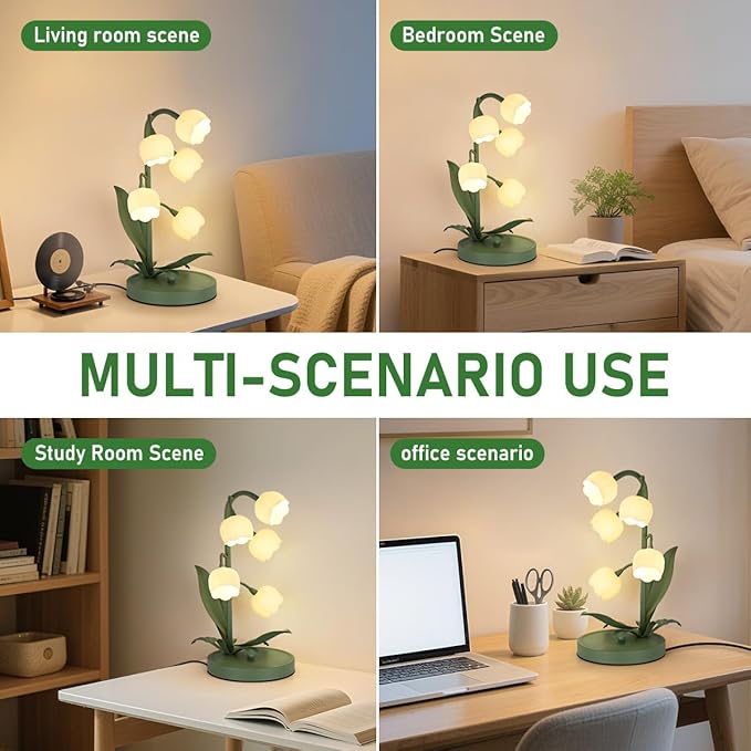 Flower Table Lamp for Bedroom,3 Colors Flower Reading Light with 5 Lily of The Valley, Cute Desk Lamp Bedside Lamps for Nightstands Home Decor,Soft Reading Night Light for Bedroom Living Room Office