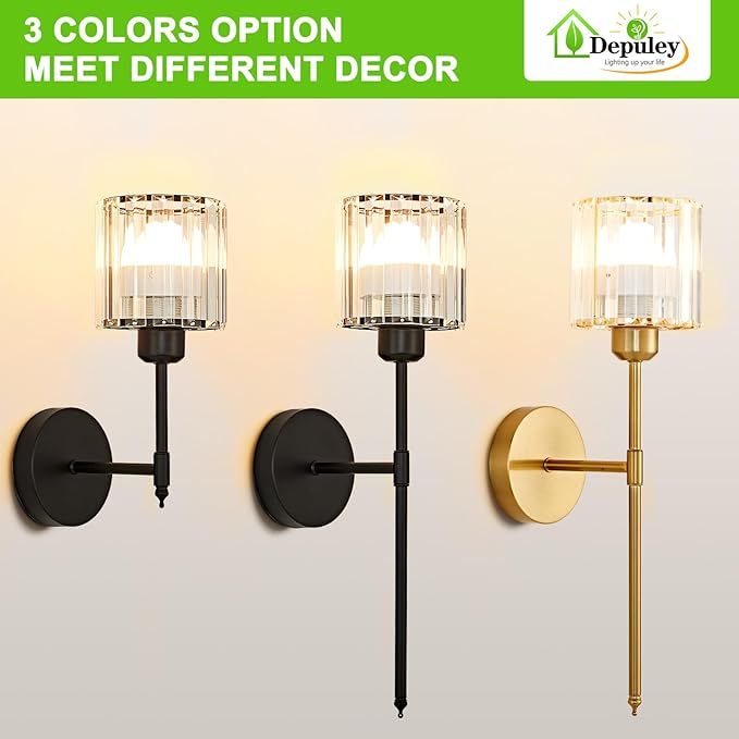 Depuley Wall Sconces Battery Operated: Set of 2 Wireless Crystal Wall Lights with Remote for Bedroom - Rechargeable 15 Colors Black Wall Lamp for Living Room Hallway Home Decor