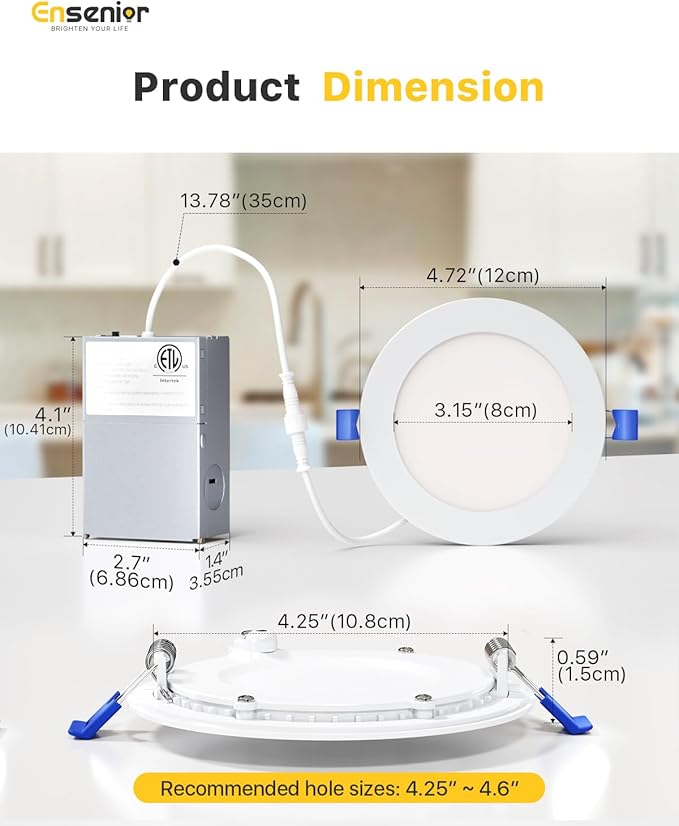 Ensenior 12 Pack 4 Inch LED Recessed Light, Dimmable, 6000K Clear White, 750LM High Brightness, 9W 120V, 2 Pin, ERL-9X-ETL, Damp Rated, Ultra-Thin Canless Wafer Ceiling Light - ETL & FCC & IC