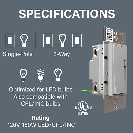 Legrand Radiant 150-Watt Dimmer Light Switch, Single-Pole/3-Way LED Dimmer for Dimmable Lights, RHL153PGRY, Gray