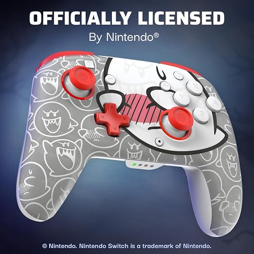 PDP Rematch Glow Wireless Gaming Controller Boo Hoo Nintendo Switch 2, Lite | Also works with OLED, Motion Controls, Rechargeable 40-Hr Battery, 2 Mappable Back Buttons, Mario Boo-Hoo Glow Red & White