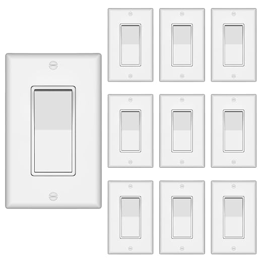 ThunderWay Quiet Single Pole Decorator Wall Light Switch with Wall Plate, 15A 120V/277V, On/Off Paddle Switch, Residential Grade - UL Listed, White (10)