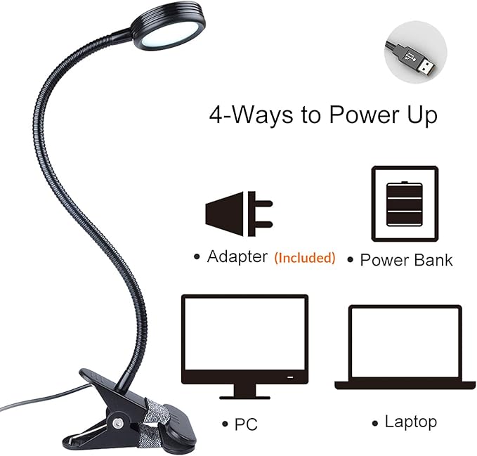 LEPOWER Clip on Light/Reading Lights/Book Light/Desk Lamp Color Changeable/Night Lights Clip on for Desk, Bed Headboard and Computers, Adapter Included (Black) Metal