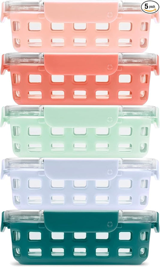 Ello Duraglass 3.4 Cup Meal Prep Sets 10Pc, 5 Pack Set- Glass Food Storage Container with Silicone Sleeve and Airtight BPA-Free Plastic Lids, Dishwasher, Microwave, and Freezer Safe, Melon