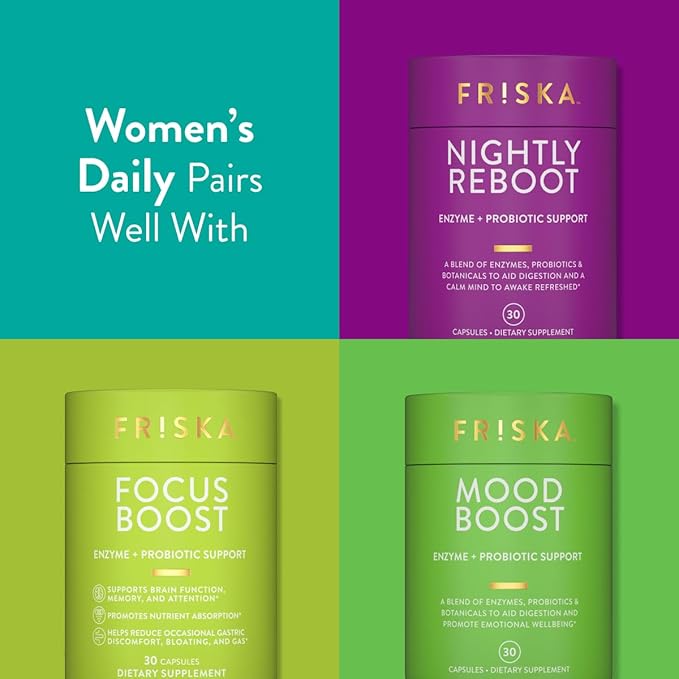 Friska Daily Digestive Enzymes with Probiotics for Women - Helps Break Down Food, Reduce Bloating & Gas - with Cranberry, Vitamin D & Biotin, 90 Capsules