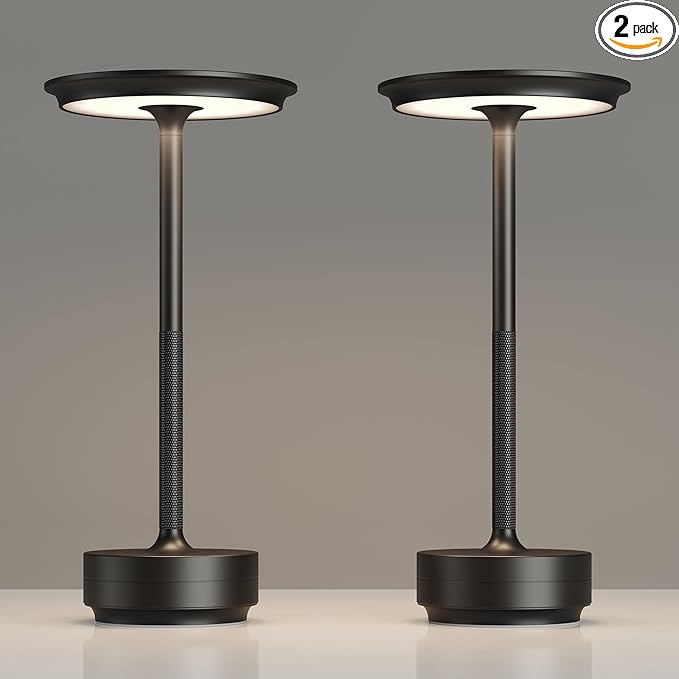 TBBGA 2 Pack Rechargeable Table Lamps Cordless, Portable 5000mAh Outdoor Table Light, 3 Color Stepless Dimming LED Table Lamp with Memory Function, for Home/Dinner/Patio/Restaurant.(Black)