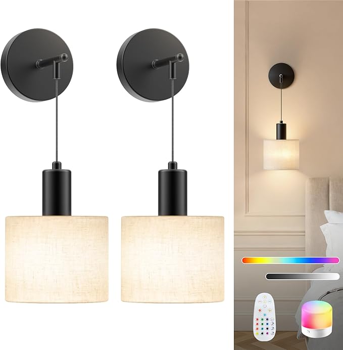 SAIMAND Battery Operated Wall Sconce Set of 2, Wireless Rechargeable Wall Lights with Remote Control, 9 Colors Dimmable LED Lamps, Modern Cordless Sconces for Bedroom Living Room Hallway(Black)