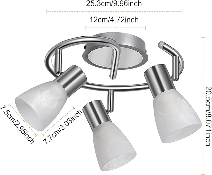 HiBay LED 3-Light Track Lighting Kit, Adjustable Ceiling Light Fixture Round, Modern Kitchen Spotlight with Glass Lampshade for Living Room Bedroom Hallway, E12 Base (Bulbs Not Included)
