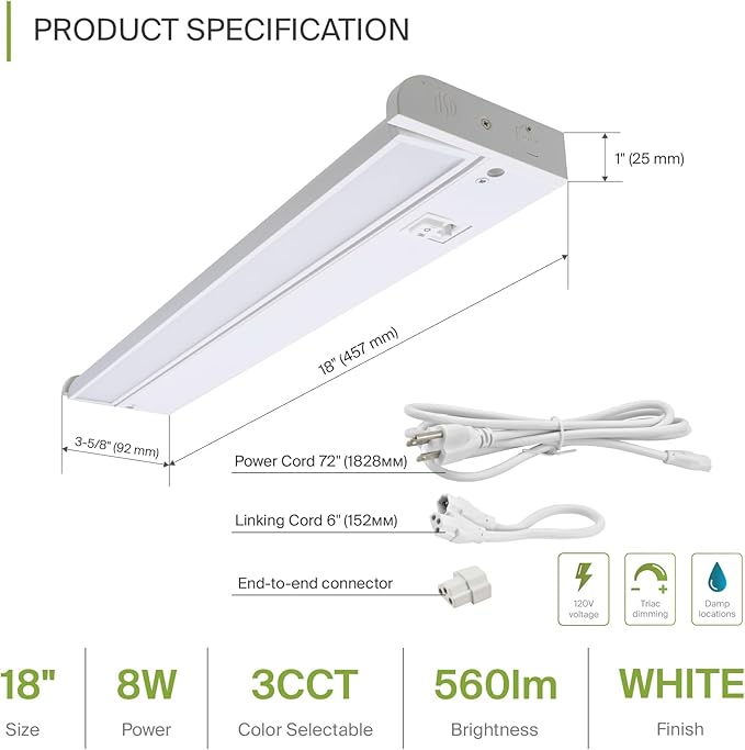 ASD Swivel LED Under Cabinet Lighting Plug in or Hardwired 18 Inch, Dimmable Under Cabinet Lights with High/Low/Off Switch, 3CCT 2700K-4000K, Linkable Under Counter Lights for Kitchen, White, ETL