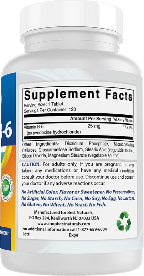 Best Naturals Vitamin B6 25mg, 120 Tablets (120 Count (Pack of 3))