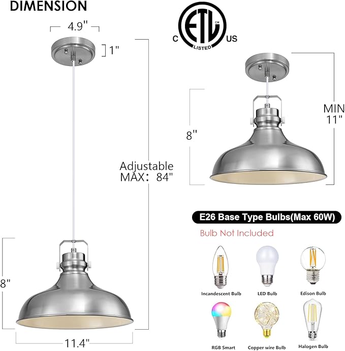 Brushed Nickel Farmhouse Pendant Lights Matte Pendant Lighting for Kitchen Island Industrial Adjustable Height Vintage Dome Hanging Light Fixtures for Barn, Dining Room 1 Pack