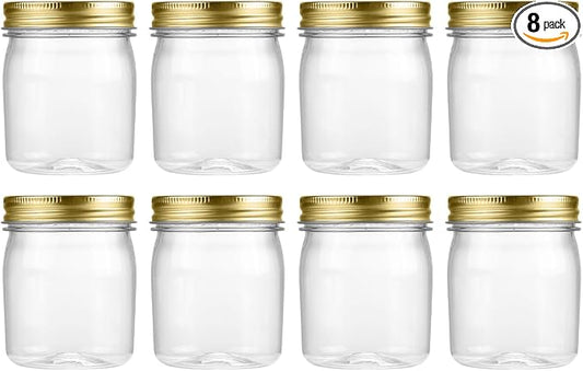 novelinks 8 oz Clear Plastic Jars with Airtight Lids, 8 Pack Plastic Mason Jars with Lids 8oz, Refillable Storage Slime Containers & Small Spice Jar for Kitchen Organization (8 Pack,Gold)