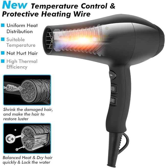 JINRI Hair Dryer, 1875W, 3 Heat & 2 Speed, with Diffuser, with Concentrator, Ionic Technology & Infrared - Black, Detachable Air Intake, Non-Foldable, Hanging Strap, 125V, JR-104D