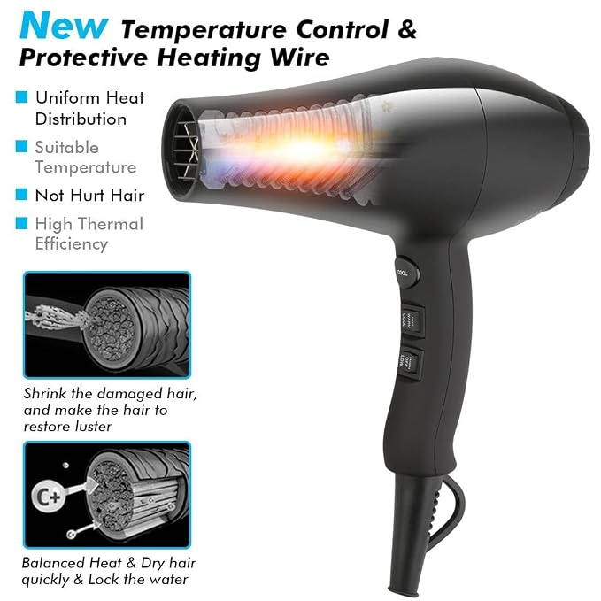 JINRI Ionic Hair Dryer with Diffuser & Comb and Concentrator, Lightweight Quiet Infrared Blow Dryer, Powerful 1875 Watt Motor for Smooth and Fast Drying Hair, Black