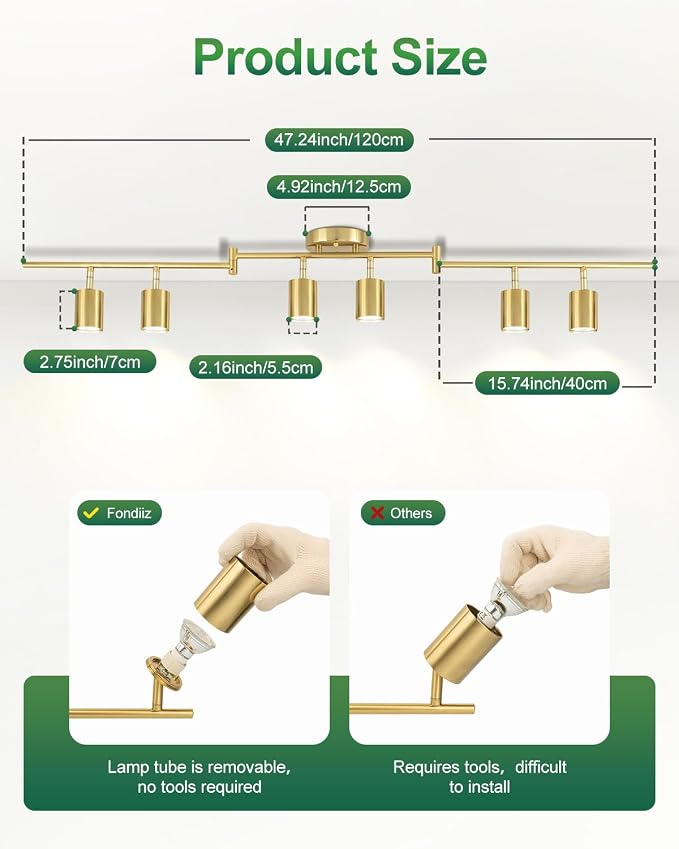 6 Ways Track Lighting, Rotatable Heads Tracks Light, Track Lightings Fixtures Ceiling with Foldable Arms, Brushed Gold Tracks Light for Kitchen, Living Room, Hallway(Bulbs Not Included)