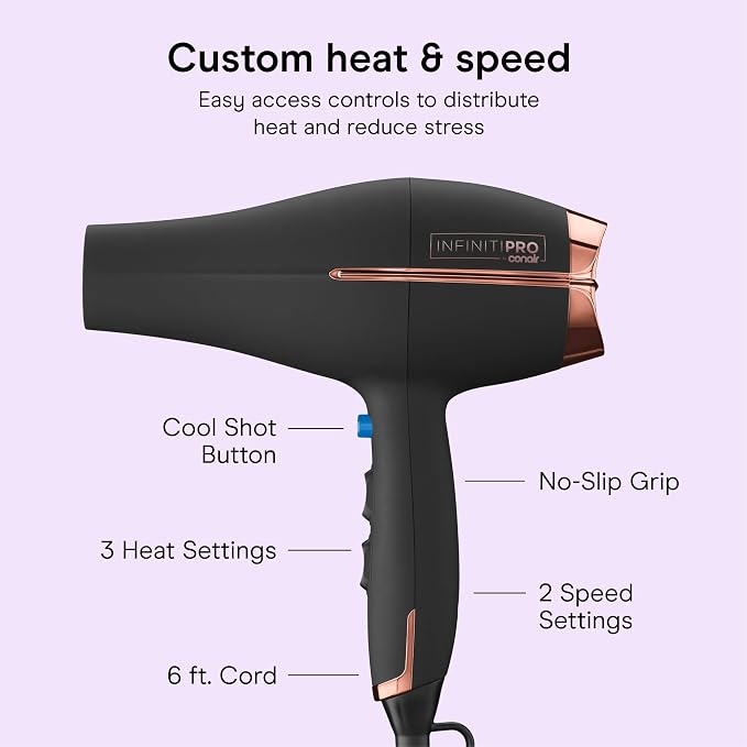 Conair InfinitiPRO AC Motor Pro Hair Dryer | Professional Ionic Ceramic Blow Dryer for Faster, Frizz-Free Drying on All Hair Types, Black, 650AMZL