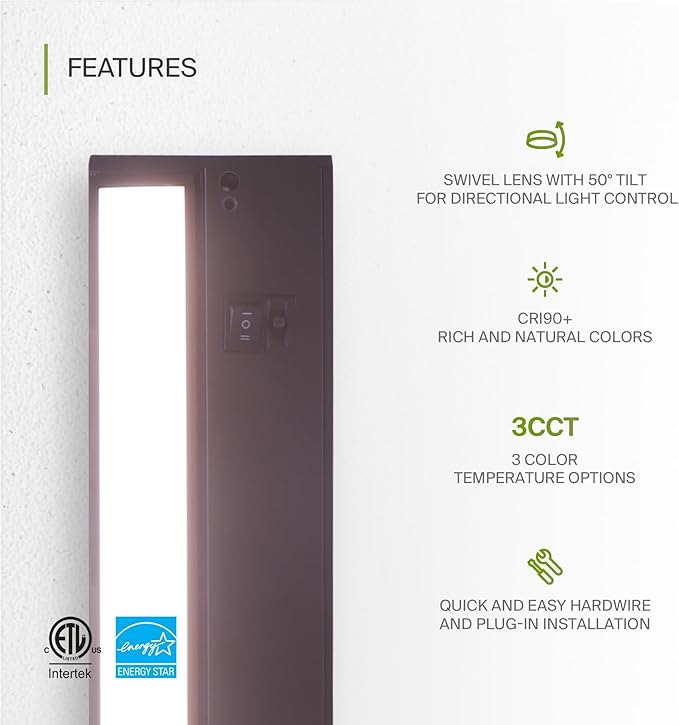 ASD Swivel LED Under Cabinet Lighting Plug in or Hardwired 24 Inch, Dimmable Under Cabinet Lights with High/Low/Off Switch, 3CCT 2700K-4000K, Linkable Under Counter Lights for Kitchen, Bronze, ETL