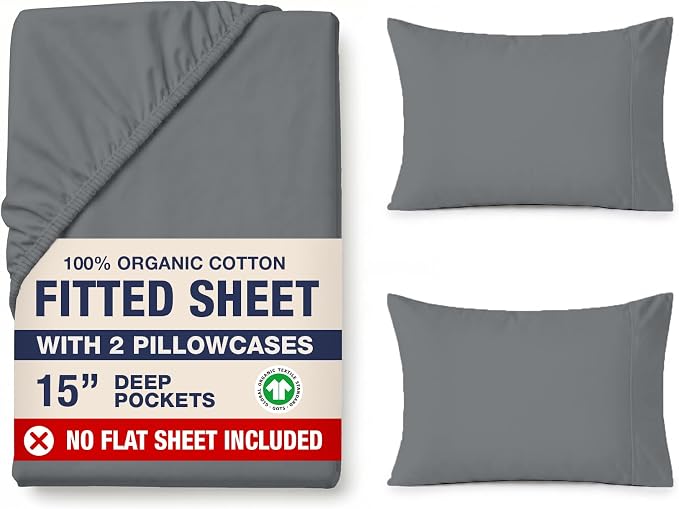 LANE LINEN 100% Organic Cotton Fitted Sheet Full Size (No Flat Sheet) - Soft & Breathable Percale Weave Fitted Sheet Set For Added Comfort - 15'' Deep Pocket For Snug Fit - GOTS Certified - Charcoal
