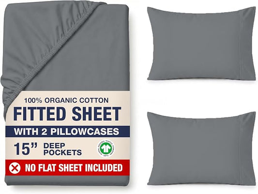 LANE LINEN Queen Fitted Sheet, 100% Organic Cotton Soft & Comfy Fully Elasticized Mercerized Cotton Sung Fit 15" Deep Pocket All Weather Queen Size Fitted Sheet Only (+Pillowcases) - Charcoal