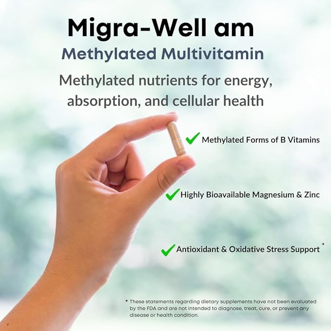 Wellkasa Migra-Well AM : Multivitamine méthylée énergisante quotidienne avec minéraux biodisponibles et antioxydants soutenant la santé du cerveau et des nerfs pour femmes et hommes - Sans fer (60 gélules)