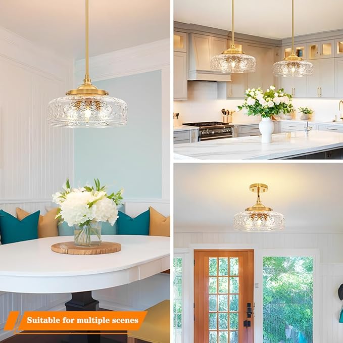 3-Light Adjustable Pendant Lights Kitchen Island, Gold Brushed Metal & Clear Glass Ceiling Pendant Light, Vintage Brass Drop Lights for Bathroom, Hallway, Convertible Ceiling Mount Or Hanging Fixture