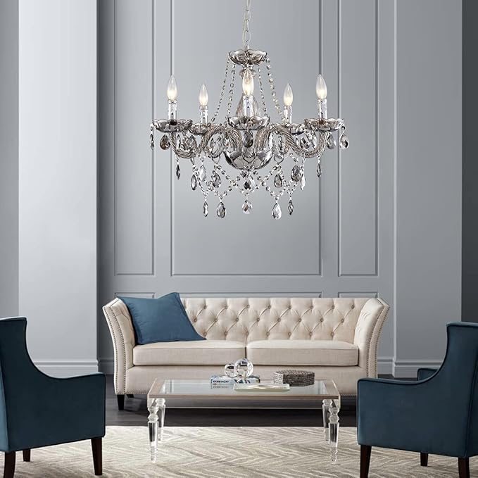 Saint Mossi 5 Light Modern K9 Crystal Chandelier, Contemporary Pendant Ceiling Lighting Fixture for Dining Room,Bedroom,Living Room with Adjustable Chain (Smoky Gray)