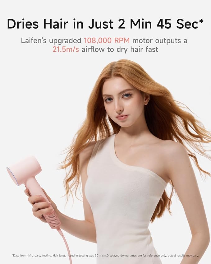 Laifen Hair Dryer SE 2, 200 Million Negative Ionic Blow Dryer with Child Mode and 108,000 RPM Brushless Motor, Fast Drying High-Speed Low Noise Hairdryer with Magnetic Attachments, HD130, Pink