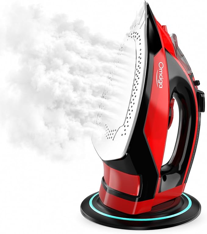 OMAIGA Cordless Iron for Clothes, 1500W Wireless Steam Iron with Ceramic Soleplate, 360 Degree Power Base, Auto Shut Off, Self-Clean, Anti-Calc, 3 Temperature Settings, 11.84oz Water Tank, Red